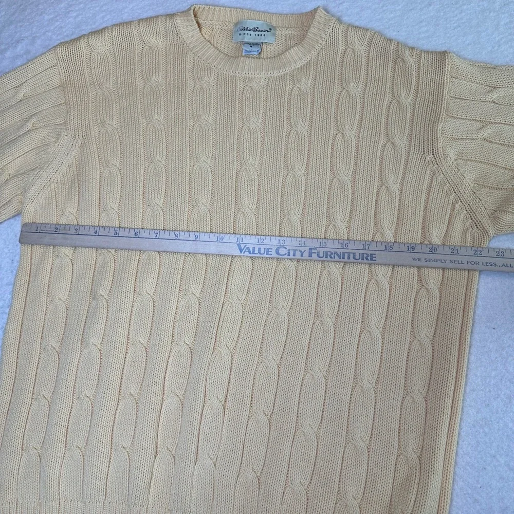 Eddie‎ Bauer Mens Medium Yellow Cable Knit Crewneck Sweater 100% Cotton Chunky - Picture 3 of 9